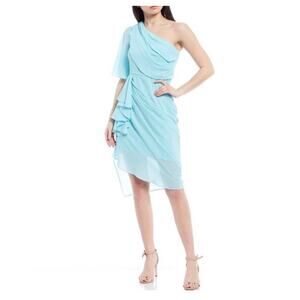 Badgley Mischka Chiffon One Shoulder Midi Sheath Cocktail Dress Blue Size 12